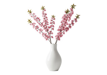 Minimalistic white ceramic vase with delicate cherry blossom branches, isolated on a white background