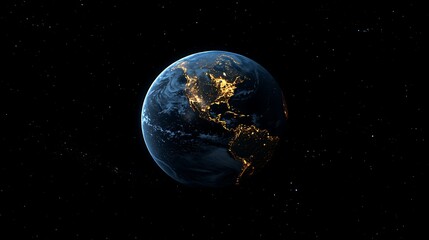 3D rendering of the Earth seen from space at night on universe galaxy