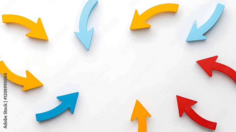 Poster colorful arrows in various directions are arranged in a circular pattern on a light background, symb