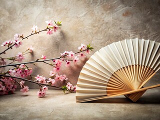 Minimalist Cherry Blossom Fan: Japanese Art, Delicate Paper Fan, Spring Blossom, Traditional Setting, Asian Aesthetics