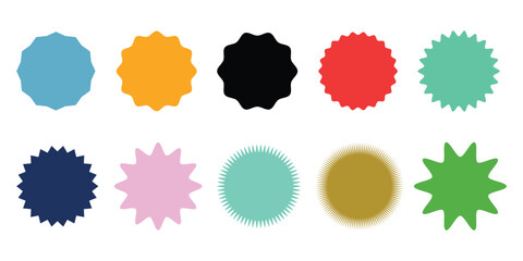 set of colorful badge and label shapes with starburst designs in various colors, colorful starburst shapes, vintage labels. 