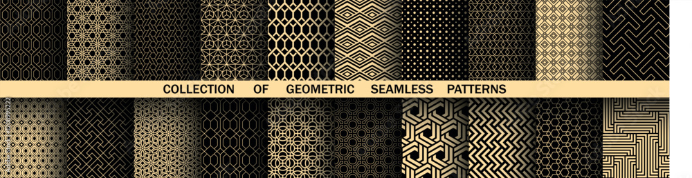 Leinwandbilder Geometric set of seamless black and golden patterns. Simple vector graphics