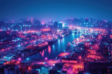 Stunning Night View of a Vibrant Cityscape with Illuminated Skyscrapers and Reflections on a Serene River, Showcasing Modern Urban Life and Bright Lights