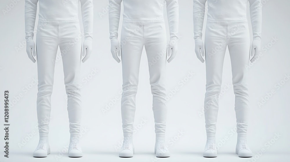 Poster three identical figures in white attire stand against a minimalist background, creating a striking v