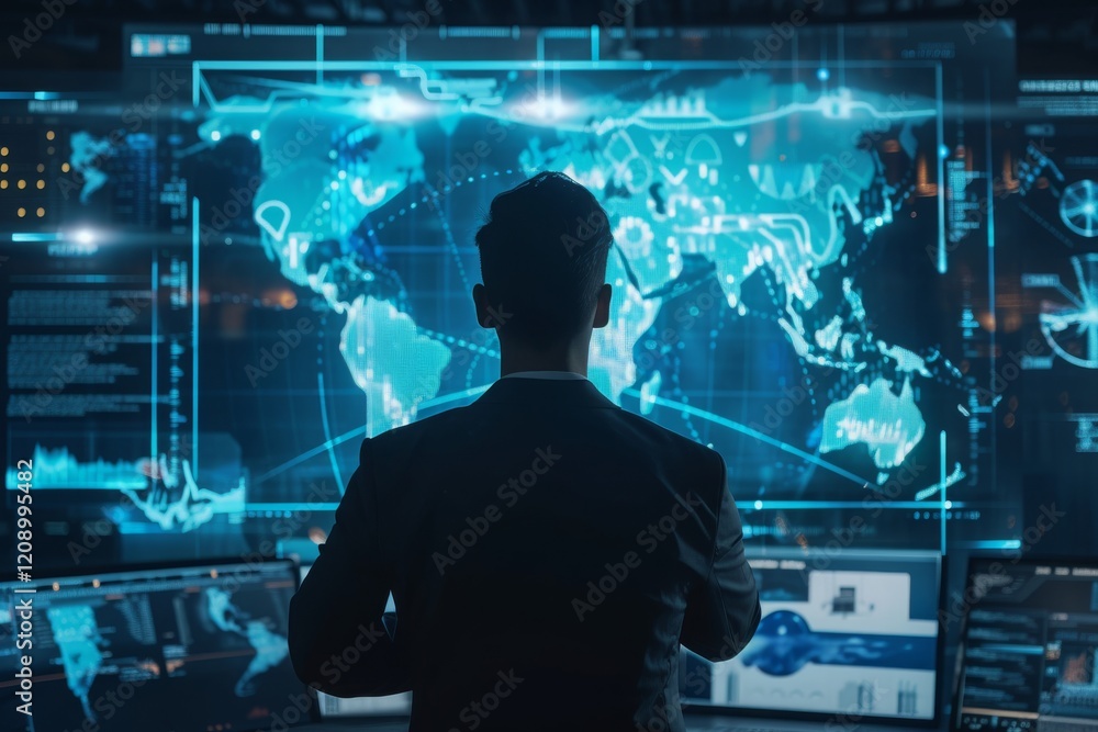 Poster businessman in a suit analyzing a holographic map of global data in a modern office setting during t