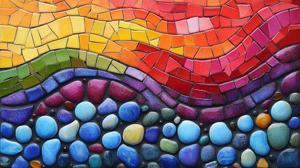Fototapeta premium Colorful pebble mosaic pattern with vibrant interlocking stones in gradient hues of yellow, orange, and purple.