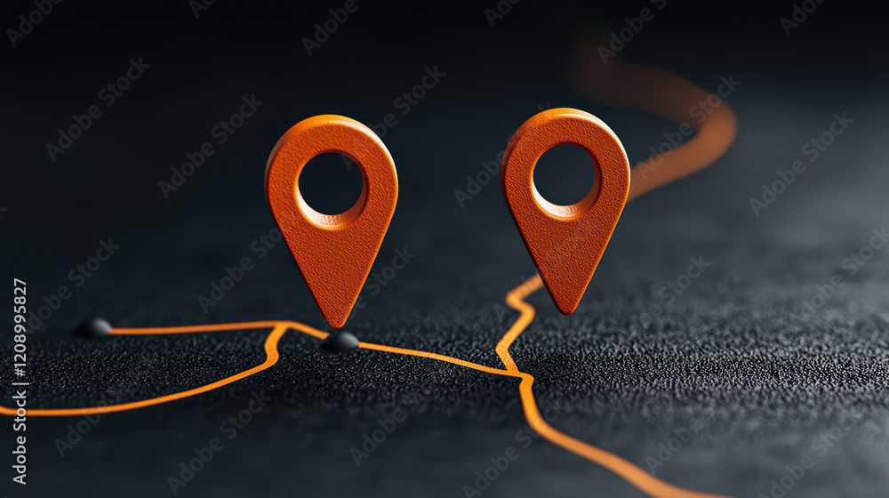 Poster dynamic map design with orange location pins on dark background