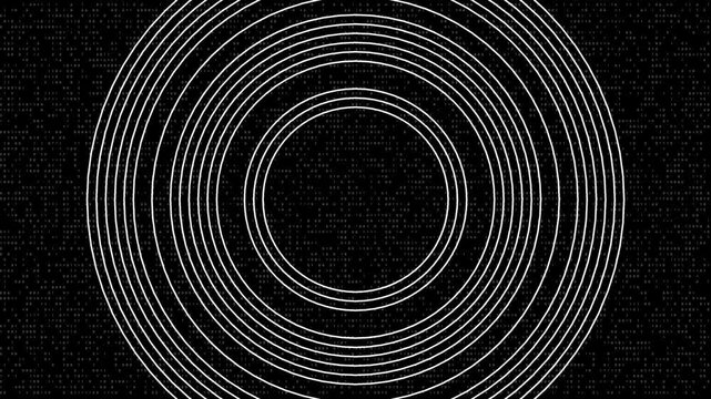 A mesmerizing digital tunnel formed by concentric white circles against a black background filled with scrolling binary code, creating an illusion of depth and cybernetic movement.