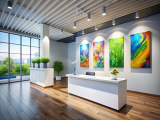 Modern Art Gallery Interior: Empty White Reception Desk, Vertical Banners, High Depth of Field Photography
