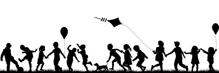 Silhouettes of children with dog playing outdoor