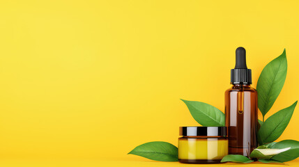 Natural skincare products with green leaves on bright yellow background