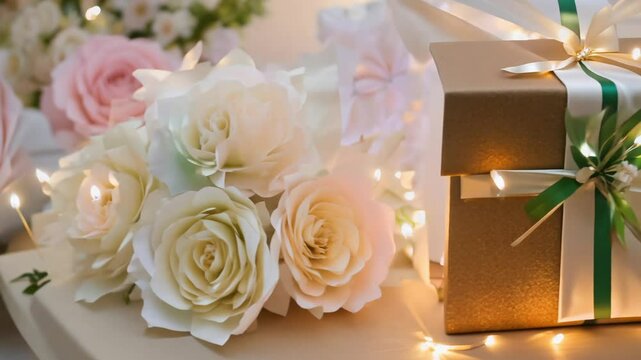 Dolly out from a close-up of a wedding favor box, ribbon, greenery, soft fairy lights, magical background, sharp focus on the favor
