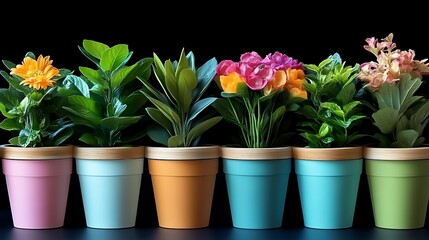 Naklejka premium Colorful potted plants arranged in a row against a black background