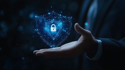 A business professional is holding their hand out technology security lock hologram icon