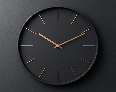 Minimalist black wall clock with copper hands showing the time.