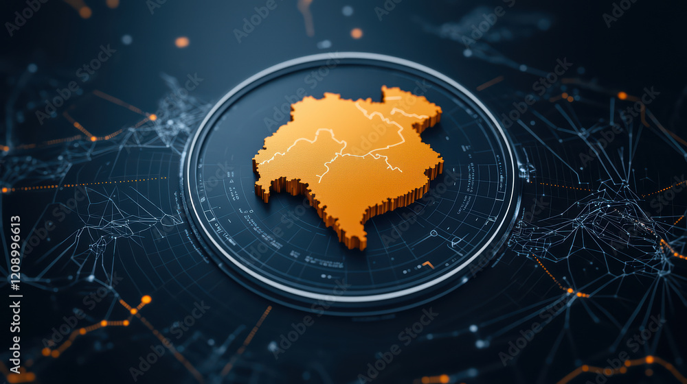 Poster engaging map visualization with orange 3d shape on dark background