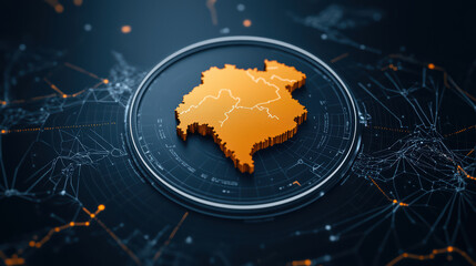 Fototapeta premium Engaging map visualization with orange 3D shape on dark background