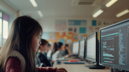 Asian girl in front of a computer monitor at IT school