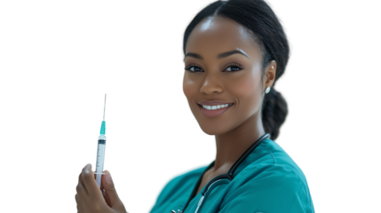 Smiling Female Nurse Holding Syringe Healthcare Vaccination Injection isolated on transparent background