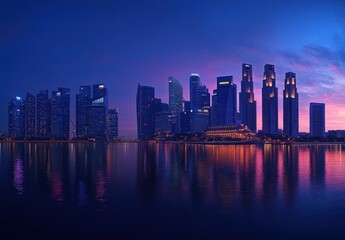 Fototapeta premium Stunning Twilight Cityscape of a Modern Skyline Reflecting on Water with Vibrant Colors and Illuminated Skyscrapers at Dusk in an Urban Environment