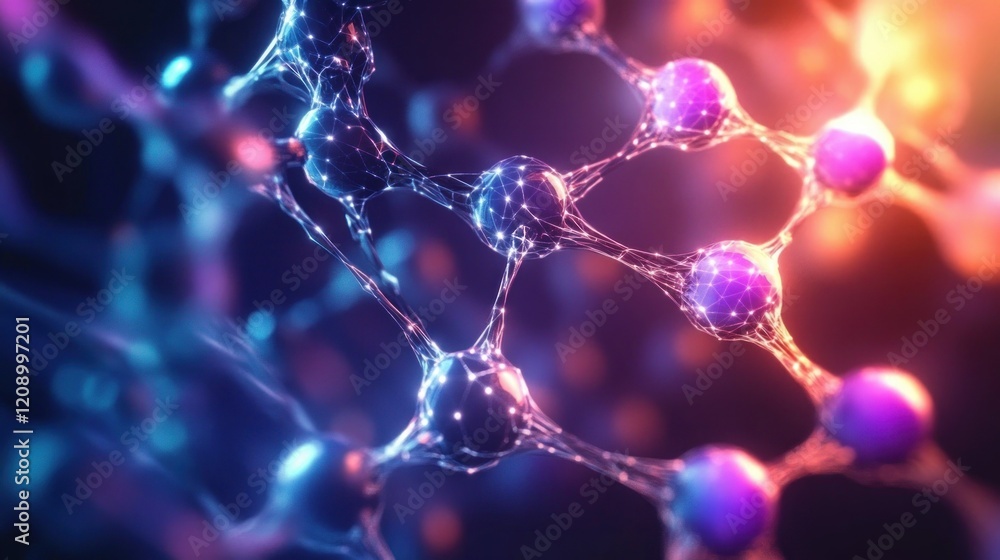 Poster futuristic abstract molecular structure in vibrant colors with glowing nodes and ethereal light effe