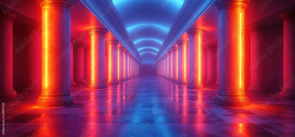 Poster futuristic cyberpunk corridor with neon lights and illumination in a dark space environment