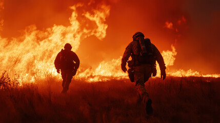 Two firefighters bravely advance through a raging wildfire, surrounded by intense flames and smoke, showcasing courage in the face of danger.