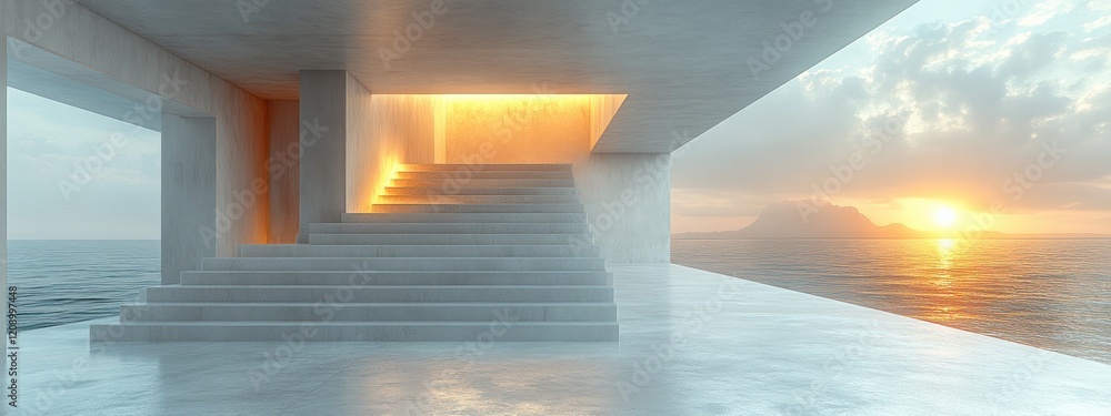 Poster minimalist interior architecture with angular white walls and soft lighting