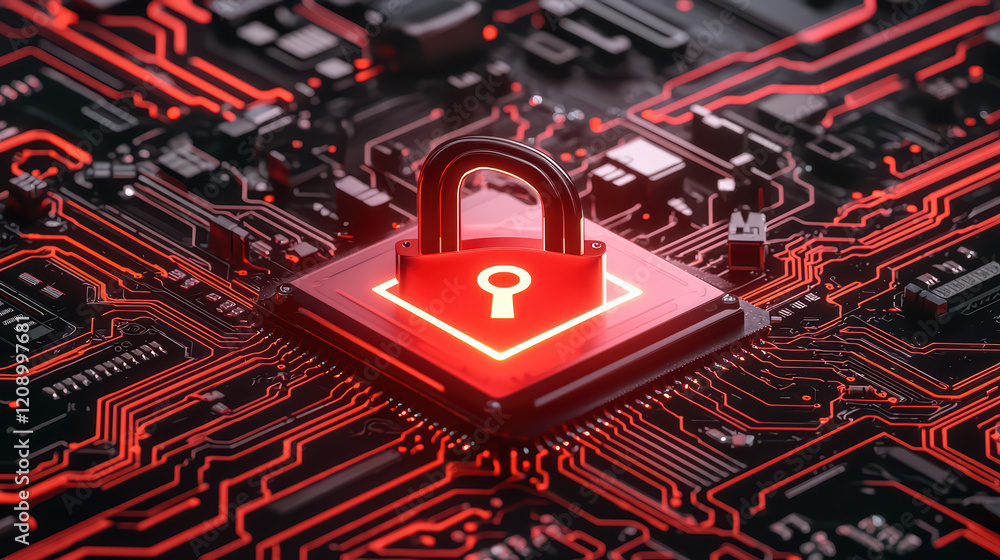 Poster high tech circuit board with glowing padlock symbolizing security