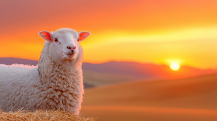 Fluffy sheep in golden sunset landscape with rolling hills