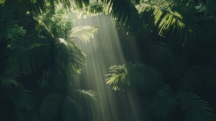 Naklejka premium Sunbeams Piercing Through Lush Tropical Rainforest Canopy