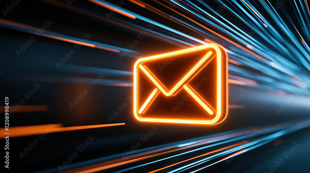 Poster glowing email icon with dynamic light trails representing communication