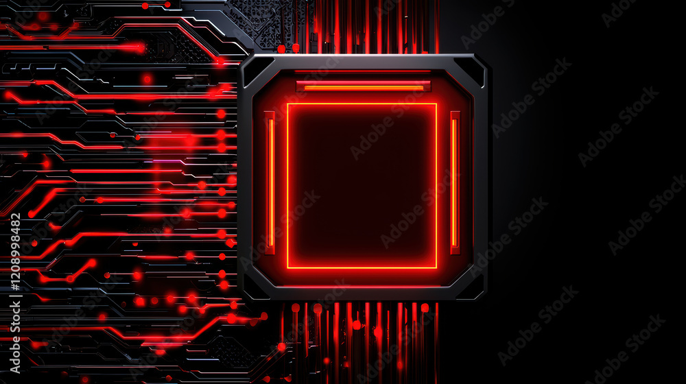 Poster dark background with glowing red circuit board and central processor