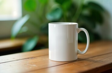 Empty white mug sits on wooden table. Green plants blur background. Cozy atmosphere. Simple style. Suitable for coffee shop, home decor. Minimalist design. Rustic charm. Natural light shines on table.