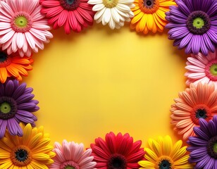 Colorful gerbera daisies arranged in border around yellow backdrop. Various hues, tones of daisies create vibrant floral frame. Spring summer floral design. Perfect for cards decor. Beautiful,