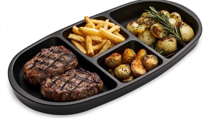 Delicious Grilled Steak Dinner with Roasted Potatoes and French Fries