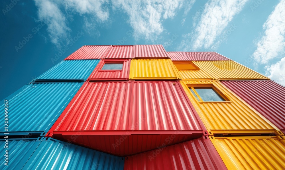 Poster vibrant and colorful shipping container structure against a bright sky with clouds, showcasing innov