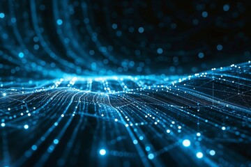Glowing blue lines create an abstract data system in a digital environment showcasing futuristic technology and intricate grid patterns