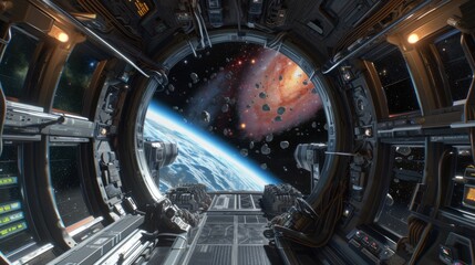 Obraz premium Inside a futuristic space station overlooking a vibrant galaxy filled with asteroids and an expansive view of Earth in the distance, evoking a sense of wonder and exploration
