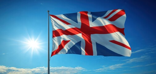 Vibrant England Flag Waving in Wind Under Bright Blue Sky