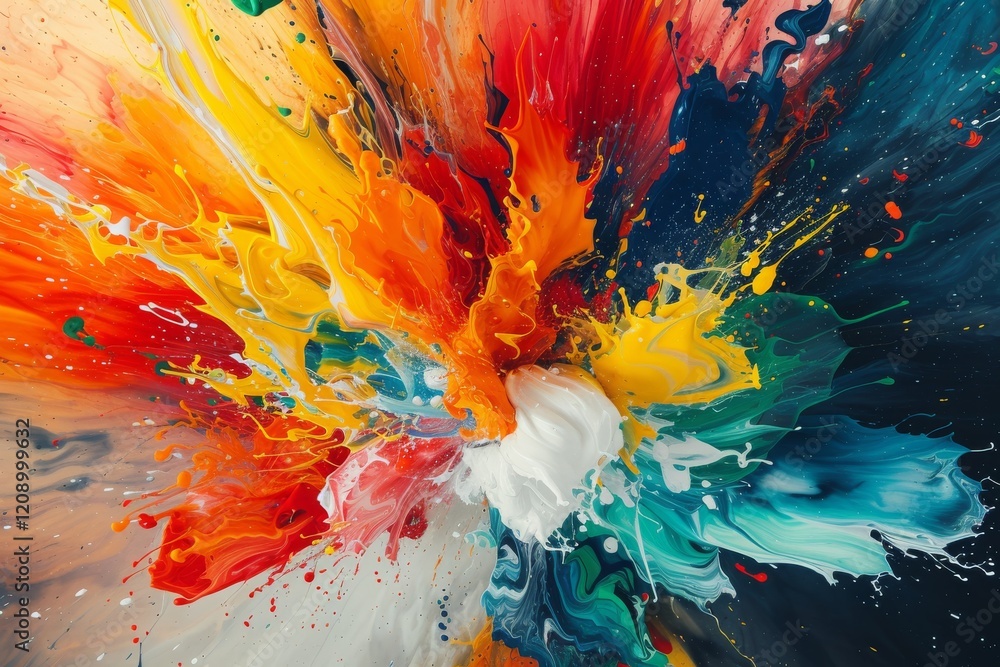 Poster vivid strokes of paint explode into abstract formations, showcasing a dynamic burst of colors blendi