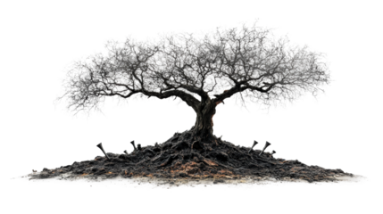 Unique artistic representation of a gnarled tree emerging from a textured root base isolated on transparent background