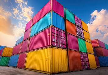 Fototapeta premium Vibrant and Colorful Shipping Containers Stacked in an Industrial Yard Under a Bright Sky with Fluffy Clouds in the Background, Creating a Stunning Visual Contrast