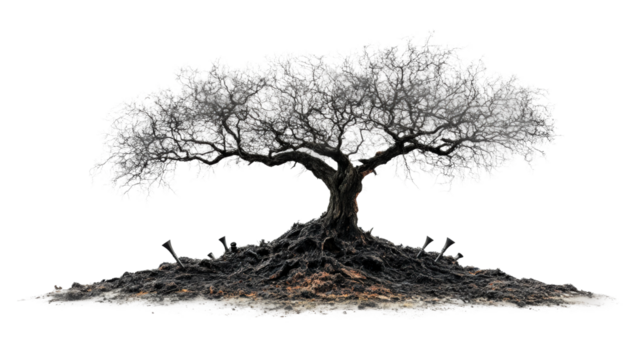 Unique artistic representation of a gnarled tree emerging from a textured root base isolated on transparent background