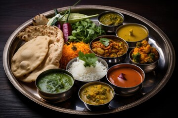 Colorful Indian thali featuring a variety of vegetarian dishes served on a silver platter, showcasing the culinary diversity and richness of traditional Indian cuisine