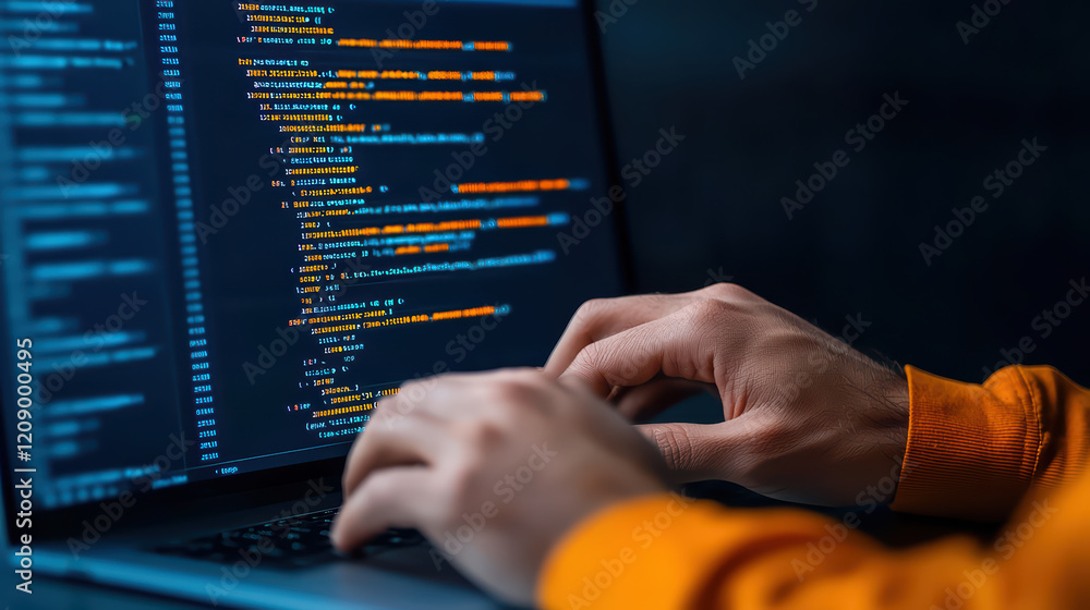 Poster coding interface with hands typing on laptop, showcasing programming