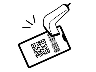 スマホに表示されたバーコードをスキャナーで読み取るキャッシュレス決済のイラスト