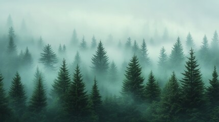 Pine forest with mountain and with fog aerial view in the morning photo illustration background wallpaper.