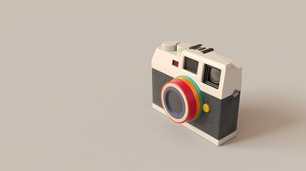 A polaroid camera with a rainbow stripe detail, isolated on a neutral white background, showcasing its retro charm.