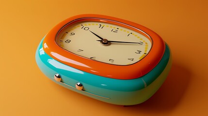 A retro alarm clock with bold colors and large numerals, isolated on a clean, solid-colored background.